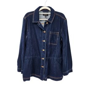 Talbots Womens XL Dark Wash Denim Buttoned Jean Jacket Drawstring Waist Indigo